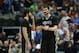 Mar 19, 2014; Dallas, TX, USA; Minnesota Timberwolves forward Kevin Love (42) talks with guard Ricky Rubio (9) during a break in the game against the Dallas Mavericks at American Airlines Center. Mandatory Credit: Matthew Emmons-USA TODAY Sports
