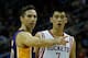 HOUSTON, TX - JANUARY 08: Jeremy Lin #7 of the Houston Rockets and Steve Nash #10 of the Los Angeles Lakers wait for a play at Toyota Center on January 8, 2013 in Houston, Texas. NOTE TO USER: User expressly acknowledges and agrees that, by downloading