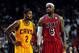 Feb 24, 2013; Miami, FL, USA; Cleveland Cavaliers point guard Kyrie Irving (2) and Miami Heat small forward LeBron James (6) during the second half at the American Airlines Arena. MIami won 109-105. Mandatory Credit: Steve Mitchell-USA TODAY Sports