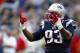 Sep 22, 2013; Foxborough, MA, USA; New England Patriots defensive tackle Tommy Kelly (93) celebrates a sack against the Tampa Bay Buccaneers during the second half at Gillette Stadium. Mandatory Credit: Mark L. Baer-USA TODAY Sports