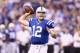 INDIANAPOLIS, IN - AUGUST 23: Andrew Luck #12 of the Indianapolis Colts throws a pass against the New Orleans Saints during the exhibition game at Lucas Oil Stadium on August 23, 2014 in Indianapolis, Indiana. (Photo by Andy Lyons/Getty Images)