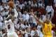 May 24, 2014; Miami, FL, USA; Miami Heat forward LeBron James (6) takes a shot over Indiana Pacers forward David West (21) in game three of the Eastern Conference Finals of the 2014 NBA Playoffs at American Airlines Arena. Miami Heat defeated the Indiana