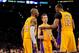 LOS ANGELES, CA - FEBRUARY 22: Dwight Howard #12 of the Los Angeles Lakers speaks with teammates Kobe Bryant #24 and Steve Nash #10 during a game against the Portland Trail Blazers at Staples Center on February 22, 2013 in Los Angeles, California. NOTE TO