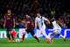 BARCELONA, SPAIN - MARCH 12: Lionel Messi of FC Barcelona duels for the ball with Alvaro Negredo (C) and Fernandinho of Manchester City FC during the UEFA Champions League Round of 16 second leg match between FC Barcelona and Manchester City at Camp No