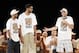 Jun 18, 2014; San Antonio, TX, USA; San Antonio Spurs guard Manu Ginobili (right) speaks as teammates Tony Parker (left) and Tim Duncan (center) listen during NBA championship celebrations at Alamodome. Mandatory Credit: Soobum Im-USA TODAY Sports