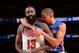 NEW YORK, NY - AUGUST 20: James Harden #13 of the USA Basketball Men's National Team and Francisco Garcia #9 of the Dominican Republic National Team on August 20, 2014 at Madison Square Garden in New York City. NOTE TO USER: User expressly acknowledges a