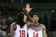 LAS PALMAS, GRAN CANARIA, SPAIN - AUGUST 26:Kenneth Faried #18 and Anthony Davis #14 of the USA Men's National Team celebrates against the Slovenia National Team on August 26, 2014 at Gran Canaria Arena in Las Palmas, Gran Canaria, Spain. NOTE TO USER: Us