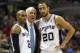 SAN ANTONIO, TX - MAY 21: Head coach Gregg Popovich of the San Antonio Spurs talks with Patty Mills #8 and Manu Ginobili #20 in the first half while taking on the Oklahoma City Thunder in Game Two of the Western Conference Finals during the 2014 NBA Play