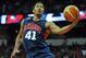 Aug 1, 2014; Las Vegas, NV, USA; USA Team Blue guard Derrick Rose (41) shoots the ball during the USA Basketball Showcase at Thomas & Mack Center. Mandatory Credit: Stephen R. Sylvanie-USA TODAY Sports