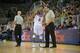 LAS PALMAS, GRAN CANARIA, SPAIN - AUGUST 26: Derrick Rose #6 talks to Head Coach Mike Krzyzewski of the USA Men's National Team in the game against the Slovenia National Team at Gran Canaria Arena in Las Palmas, Gran Canaria, Spain on August 26, 2014. NO
