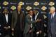 EL SEGUNDO, CA - JULY 29: (L-R) Jamaal Wilkes, Kareem Abdul-Jabbar, Byron Scott, Earvin 'Magic' Johnson and Mitch Kupchak pose for a picture during a press conference to introduce Byron Scott as the new head coach of the Los Angeles Lakers on July 29, 2