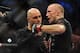 Nov 16, 2013; Las Vegas, NV, USA; Georges St-Pierre is interviewed by Joe Rogan after his welterweight championship bout against Johny Hendricks during UFC 167 at MGM Grand Garden Arena. Mandatory Credit: Stephen R. Sylvanie-USA TODAY Sports