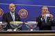 NYON, SWITZERLAND - AUGUST 08: UEFA General Secretary Gianni Infantino and UEFA Competition Director Giorgio Marchetti proceed to the 2014/15 UEFA Europa League Play-off round draw at the UEFA headquarters, The House of European Football, on August 8, 20