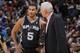 OAKLAND, CA - DECEMBER 19: Head Coach Gregg Popovich of the San Antonio Spurs coaches Cory Joseph #5 during the game against the Golden State Warriors on December 19, 2013 at Oracle Arena in Oakland, California. NOTE TO USER: User expressly acknowledges a