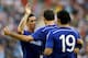 ARNHEM, NETHERLANDS - JULY 30: Fernando Torres (L) of Chelsea congratulates goal scorer, Nemanja Matic (C) during the pre season friendly match between Vitesse Arnhem and Chelsea at the Gelredome Stadium on July 30, 2014 in Arnhem, Netherlands. (Photo b