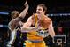 DENVER, CO - APRIL 12: Timofey Mozgov #25 of the Denver Nuggets handles the ball against the Utah Jazz on April 12, 2014 at the Pepsi Center in Denver, Colorado. NOTE TO USER: User expressly acknowledges and agrees that, by downloading and/or using this P