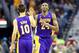 Mar 6, 2013; New Orleans, LA, USA; Los Angeles Lakers guard Kobe Bryant (24) is congratulated by guard Steve Nash (10) after a basket during the second half at the New Orleans Arena. Los Angeles defeated New Orleans 108-102. Mandatory Credit: Crystal LoGi