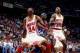 HOUSTON - JUNE 11: Hakeem Olajuwon #34 of the Houston Rockets boxes out against Horace Grant #54 of the Orlando Magic in Game Three of the 1995 NBA Finals at the Summit on June 11, 1995 in Houston, Texas. The Rockets won 106-103. NOTE TO USER: User exp