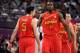 LONDON, ENGLAND - AUGUST 12: Serge Ibaka #14 of Spain looks on with team mate Rudy Fernandez #5 of Spain during the Men's Basketball gold medal game between the United States and Spain on Day 16 of the London 2012 Olympics Games at North Greenwich Arena o