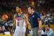 BILBAO, SPAIN - AUGUST 30: Mike Krzyzewski Head Coach and Derrick Rose # 6 of the USA Basketball Men's National Team converse during a game against the Finland Nation Basketball Team at the FIBA 2014 World Cup Tournament at the Bilbao Exhibition Center o