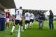 BURNLEY, ENGLAND - AUGUST 30: Angel di Maria, Juan Mata and Robin van Persie of Manchester United head out at the start of the match during the Barclays Premier League match between Burnley and Manchester United at Turf Moor on August 30, 2014 in Burnley