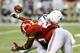 ATLANTA, GA - AUGUST 30: Jordan Thompson #10 of the West Virginia Mountaineers fails to pull in this reception as he is hit by Landon Collins #26 of the Alabama Crimson Tide at Georgia Dome on August 30, 2014 in Atlanta, Georgia. (Photo by Kevin C. Cox/