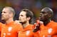 SALVADOR, BRAZIL - JULY 05: (L-R) Ron Vlaar, Daley Blind and Bruno Martins Indi of the Netherlands sing the National Anthem prior to the 2014 FIFA World Cup Brazil Quarter Final match between the Netherlands and Costa Rica at Arena Fonte Nova on July 5,