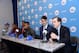 PHILADELPHIA, PA - JUNE 28: General Manager, Sam Hinkie introduces K.J. McDaniels #11, Jordan McRae #52, Jerami Grant #39, Pierre Jackson #55 and Dario Saric #20 speaks to the media after being drafted by the Philadelphia 76ers at the Wells Fargo Center