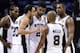 Jun 15, 2014; San Antonio, TX, USA; San Antonio Spurs forward Tim Duncan (21), forward Kawhi Leonard (2), guard Manu Ginobili (20), guard Patty Mills (8) and forward Boris Diaw (33) huddle up during the second quarter against the Miami Heat in game five o