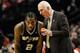 PORTLAND, OR - MAY 10: Gregg Popovich of the San Antonio Spurs has some words with Kawhi Leonard #2 of the San Antonio Spurs in the second half of Game Three of the Western Conference Semifinals against the Portland Trail Blazers during the 2014 NBA Playo