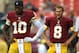 LANDOVER, MD - AUGUST 07: Quarterback Robert Griffin III #10, quarterback Kirk Cousins #8, and quarterback Colt McCoy #16 of the Washington Redskins look on before playing the New England Patriots during their preseason NFL game at FedExField on August 7,