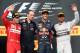 BUDAPEST, HUNGARY - JULY 27: Daniel Ricciardo of Australia and Infiniti Red Bull Racing celebrates victory on the podium next Fernando Alonso of Spain and Ferrari and Lewis Hamilton of Great Britain and Mercedes GP after the Hungarian Formula One Grand P