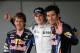 SAO PAULO, BRAZIL - NOVEMBER 06: Pole sitter Nico Huelkenberg (C) of Germany and Williams celebrates in parc ferme with second placed Sebastian Vettel (L) of Germany and Red Bull Racing and third placed Mark Webber (R) of Australia and Red Bull Racing fo