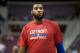 Jan 24, 2014; Auburn Hills, MI, USA; Detroit Pistons center Andre Drummond (0) warms up before the game against the New Orleans Pelicans at The Palace of Auburn Hills. Mandatory Credit: Tim Fuller-USA TODAY Sports