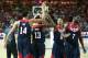 BILBAO, SPAIN - AUGUST 31: Members of the USA Basketball Men's National Team high-five during a game against the Turkey Basketball Men's National Team during the 2014 FIBA World Cup at Bizkaia Arena in Bilbao Exhibition Centre on August 31, 2014 in Bilbao