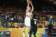BILBAO, SPAIN - SEPTEMBER 2: Klay Thompson #5 of the USA Basketball Men's National Team shoots against Corey Webster #9 of the New Zealand Basketball Men's National Team during the 2014 FIBA World Cup at Bizkaia Arena in Bilbao Exhibition Centre on Septem