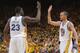 OAKLAND, CA - APRIL 27: Stephen Curry #30 and Draymond Green #23 of the Golden State Warriors slap hands during a game against the Los Angeles Clippers in Game Four of the Western Conference Quarterfinals during the 2014 NBA Playoffs at Oracle Arena on Ap