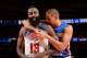 NEW YORK, NY - AUGUST 20: James Harden #13 of the USA Basketball Men's National Team and Francisco Garcia #9 of the Dominican Republic National Team on August 20, 2014 at Madison Square Garden in New York City. NOTE TO USER: User expressly acknowledges a