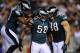 PHILADELPHIA, PA - DECEMBER 22: Trent Cole #58 celebrates with Connor Barwin #98 and DeMeco Ryans #59 of the Philadelphia Eagles after sacking Jay Cutler #6 of the Chicago Bears during the first quarter at Lincoln Financial Field on December 22, 2013 in