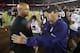 STANFORD, CA - OCTOBER 5: Head Coach David Shaw (L) of the Stanford Cardinal speaks with head coach Steve Sarkisian of the Washington Huskies after their game on October 5, 2013 at Stanford Stadium in Stanford, California. The Cardinal defeated the Huskie