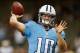 NEW ORLEANS, LA - AUGUST 15: Jake Locker #10 of the Tennessee Titans warms up on field before the start of the first preseason game between the New Orleans Saints and the Tennessee Titans at Mercedes-Benz Superdome on August 15, 2014 in New Orleans, Loui
