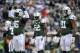 Nov 3, 2013; East Rutherford, NJ, USA; New York Jets defensive end Muhammad Wilkerson (96) asks for crowd noise against the New Orleans Saints during the first half at MetLife Stadium. Mandatory Credit: Joe Camporeale-USA TODAY Sports