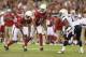 GLENDALE, AZ - AUGUST 24: Wide receiver Larry Fitzgerald #11 (C) of the Arizona Cardinals lines up alongside wide receiver Andre Roberts #12 during the preseason NFL game against the San Diego Chargers at the University of Phoenix Stadium on August 24, 2