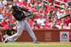 ST. LOUIS, MO - SEPTEMBER 3: Starling Marte #6 of the Pittsburgh Pirates hits into a ground out against the St. Louis Cardinals in the seventh inning at Busch Stadium on September 3, 2014 in St. Louis, Missouri. The Cardinals beat the Pirates 1-0 with a