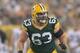 Aug 22, 2014; Green Bay, WI, USA; Green Bay Packers center Corey Linsley (63) against the Oakland Raiders at Lambeau Field. The Packers defeated the Raiders 31-21. Mandatory Credit: Kirby Lee-USA TODAY Sports