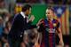 BARCELONA, SPAIN - AUGUST 24: Head coach Luis Enrique (L) of FC Barcelona talks to player Andres Iniesta during the La Liga match between FC Barcelona and Elche FC at Camp Nou stadium on August 24, 2014 in Barcelona, Spain. (Photo by Denis Doyle/Getty Im