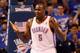 OKLAHOMA CITY, OK - MAY 25: Kendrick Perkins #5 of the Oklahoma City Thunder reacts after a play in the second quarter against the San Antonio Spurs during Game Three of the Western Conference Finals of the 2014 NBA Playoffs at Chesapeake Energy Arena on