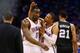 OKLAHOMA CITY, OK - MAY 27: Kendrick Perkins #5 and Russell Westbrook #0 of the Oklahoma City Thunder react after a play in the second quarter against the San Antonio Spurs during Game Four of the Western Conference Finals of the 2014 NBA Playoffs at Che