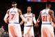 NEW YORK, NY - MARCH 31: J.R. Smith #8 of the New York Knicks high-fives teammates Carmelo Anthony #7 and Iman Shumpert #21 in a game against the Boston Celtics on March 31, 2013 at Madison Square Garden in New York City. NOTE TO USER: User expressly ack