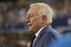 Oct 27, 2014; Arlington, TX, USA; Dallas Cowboys owner Jerry Jones walks to the sidelines in the third quarter against the Washington Redskins at AT&T Stadium. Mandatory Credit: Matthew Emmons-USA TODAY Sports